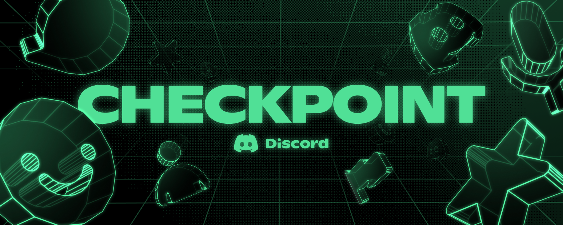 Glowing green chat and Discord icons surrounding the text Checkpoint over a dark background.