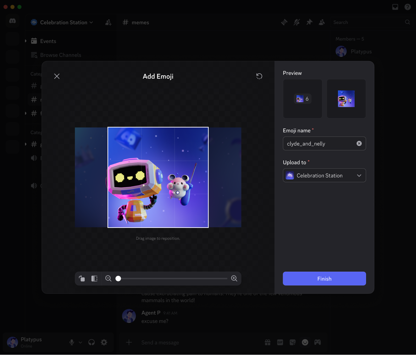 The emoji creation window on desktop.