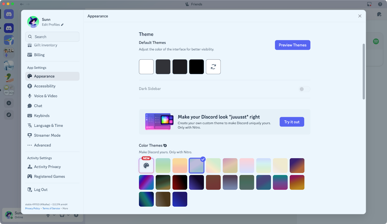 A screenshot of the User Settings > Appearance menu on desktop.