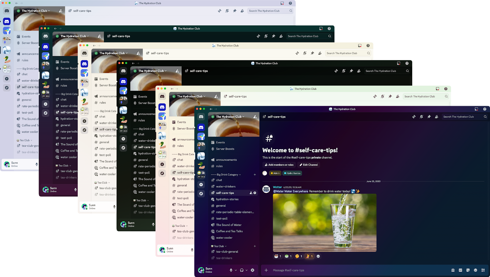 A collage of six theme colors on the Discord desktop app. 