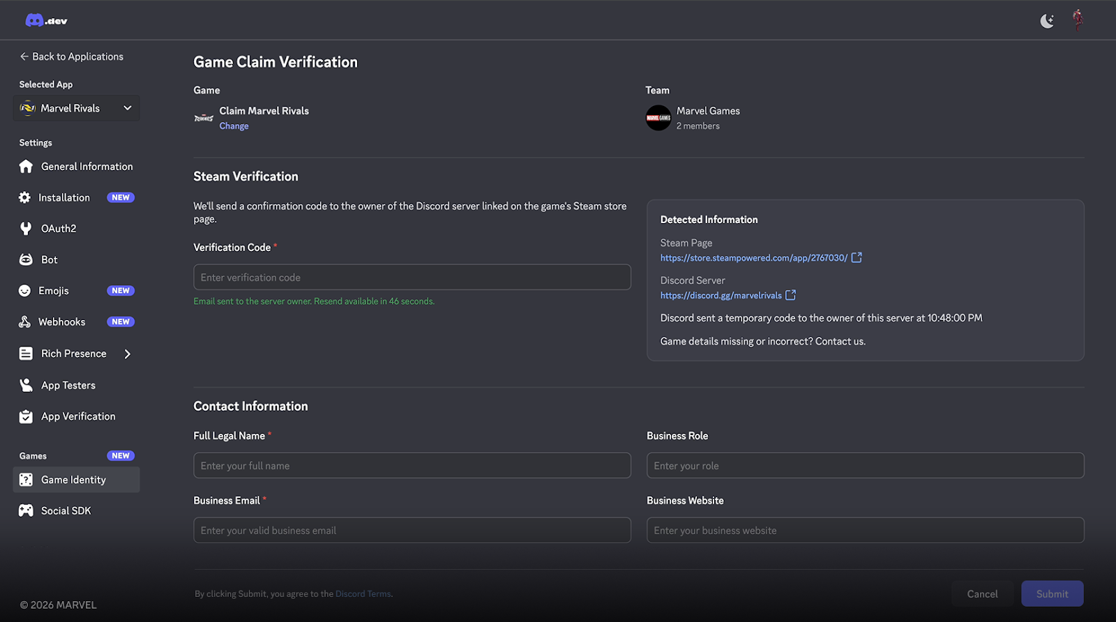 The Game Claim Verification application form in the Developer Portal. 