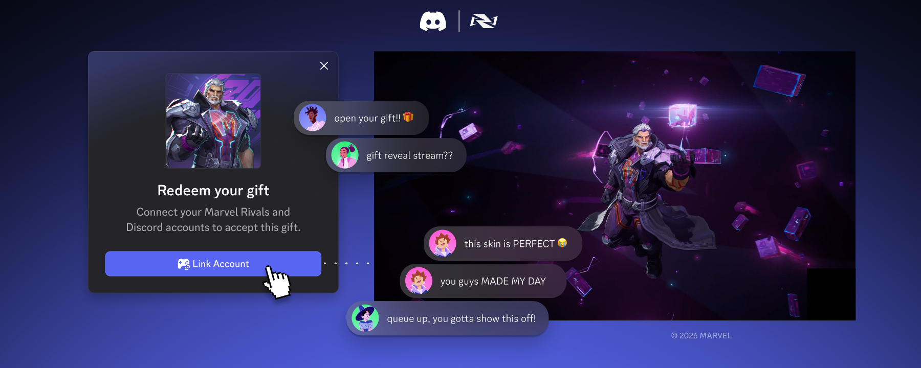 Chat conversation about receiving an in-game gift through Discord.