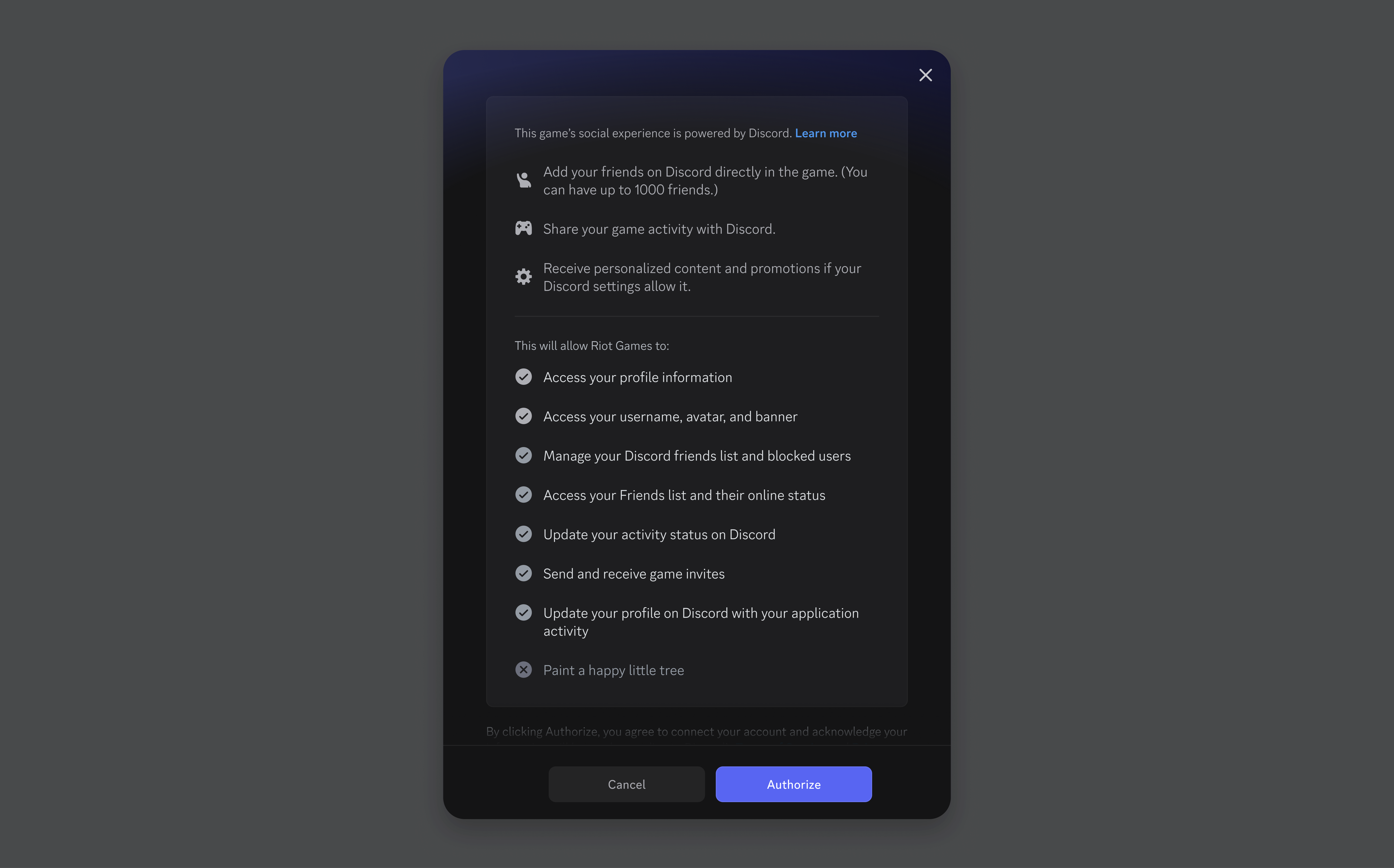 An in-app listing of all the required permissions needed for account linking to work. It includes access to a user’s profile information, username, avatar, and banner. It can also access your Discord friends list and manage it, including for blocking others. Finally, it can access and update your in-game activity status, send and receive game invites, and update your recent activity on your Discord profile.