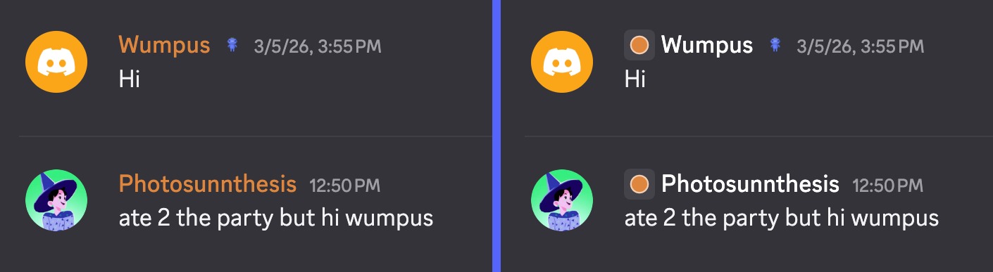 Comparison between putting role colors in a username vs a role dot. 