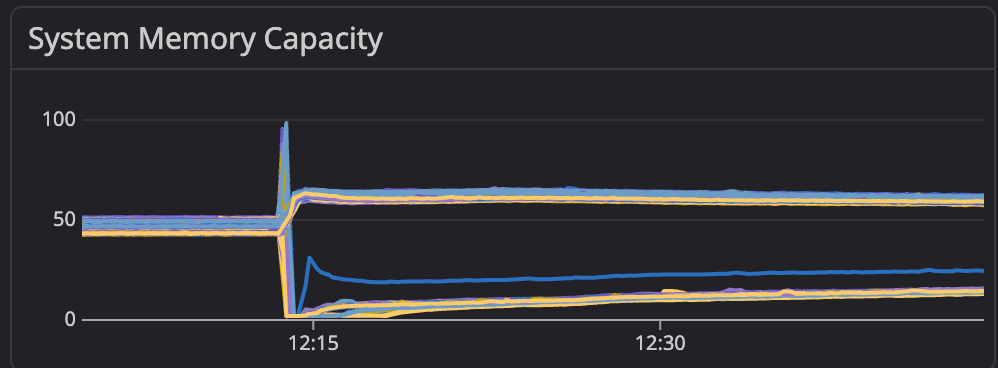 System Memory Capacity line chart. It spikes just before 12:15 to nearly 100% capacity. 