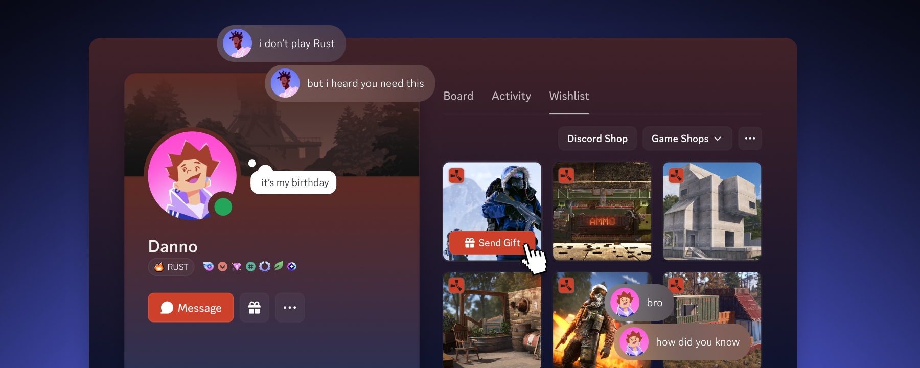 A stylized representation of a Wishlist on someone’s Discord profile. It contains plenty of Rust items.