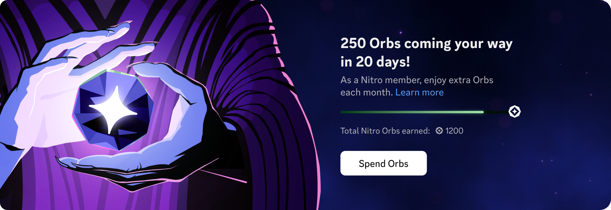 The monthly Orbs claiming screen in the Discord desktop client. The app says: “250 Orbs coming your way in 20 days!”