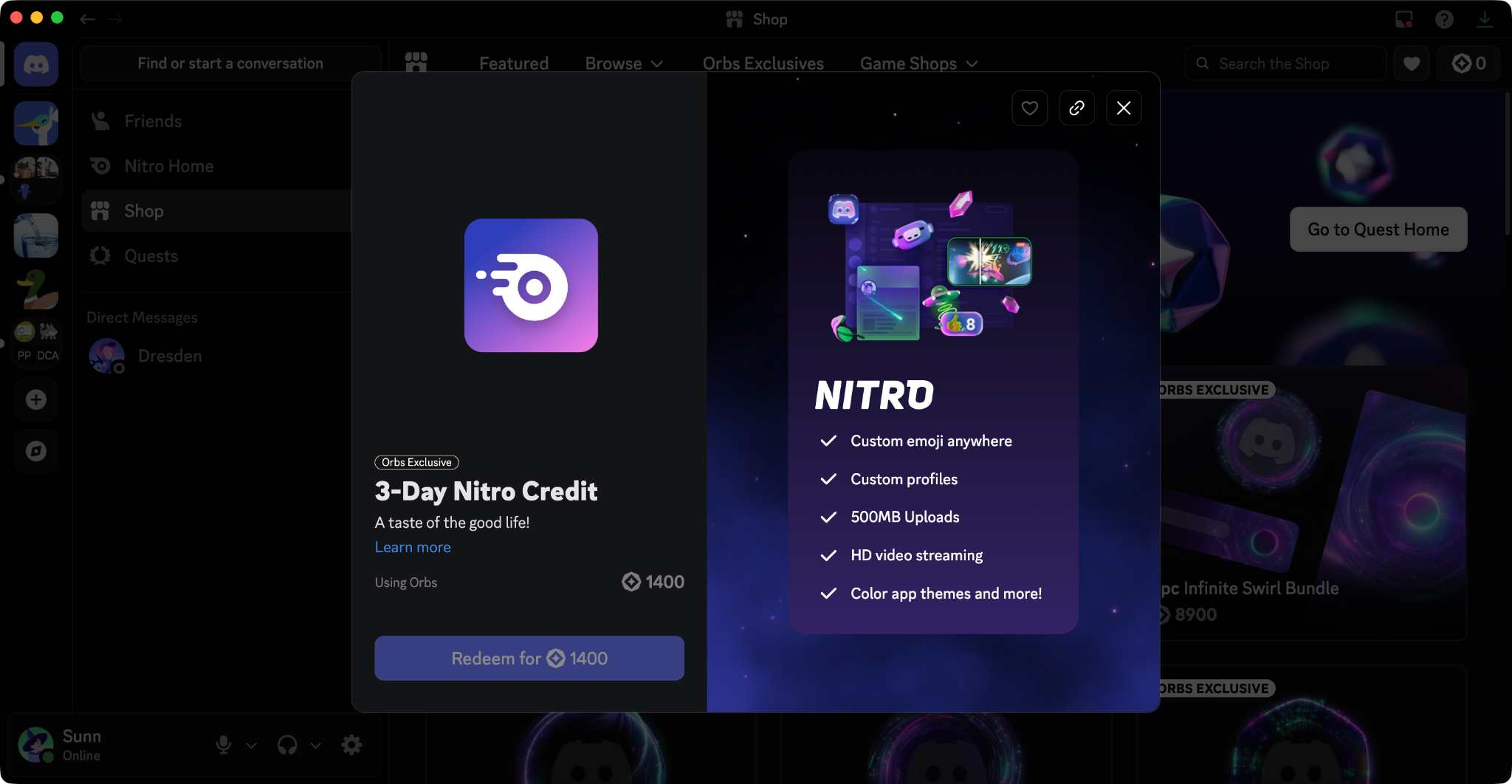 Nitro Credit in the Orbs Shop.
