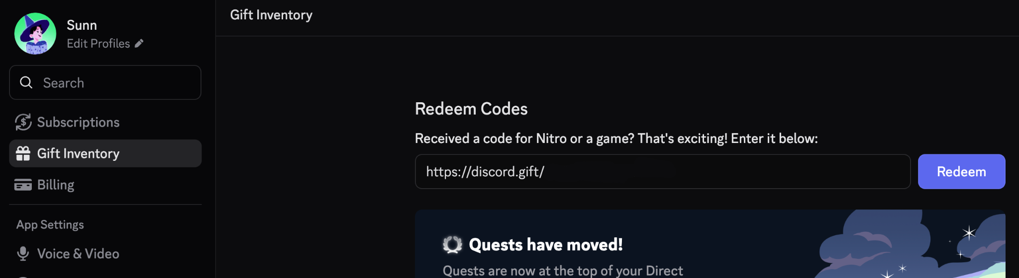 Sunn’s gift link from the previous image is pasted in a text field labeled “Redeem Codes.”