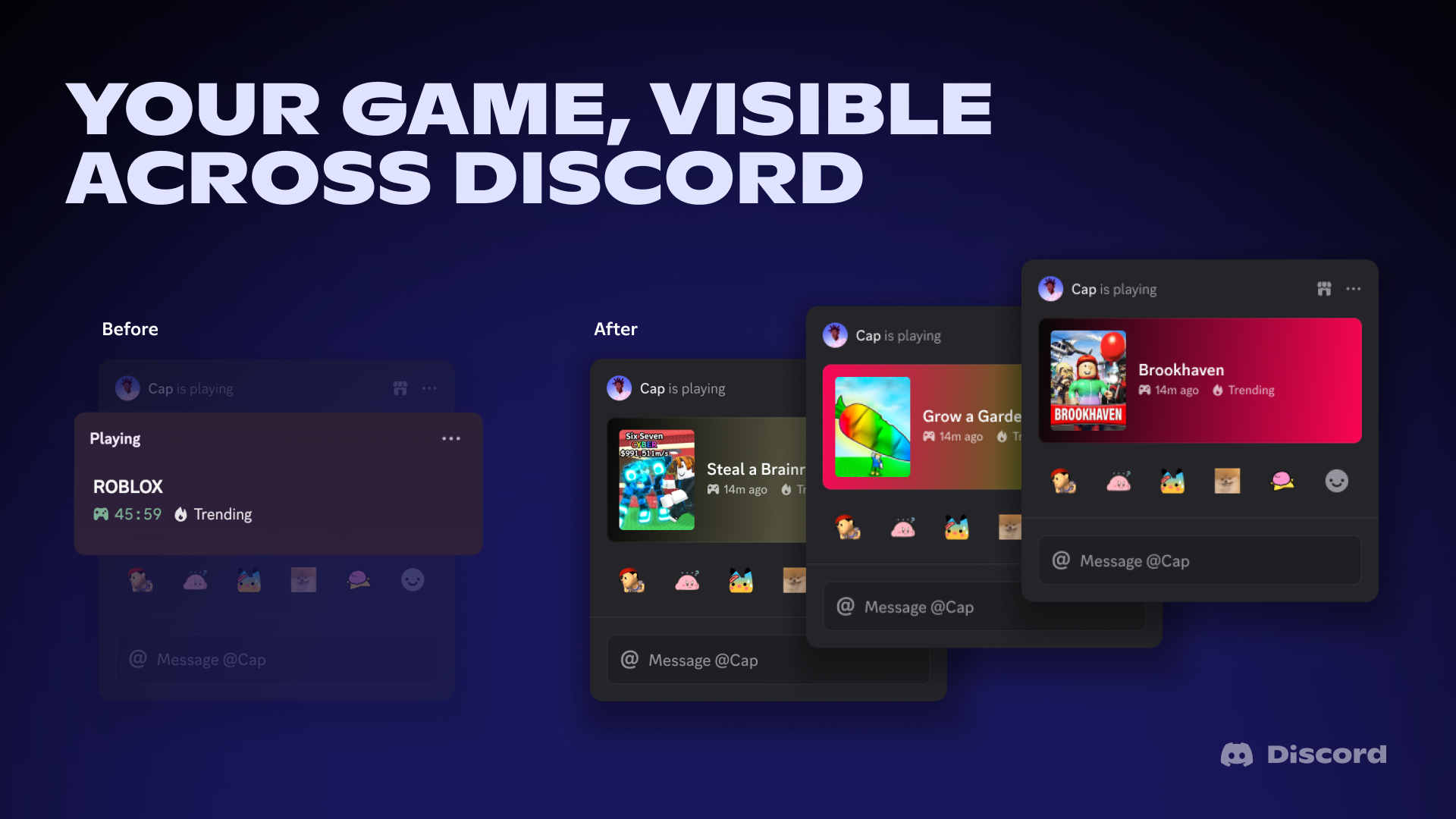 A before and after comparison for Rich Presence integrations for Roblox on Discord.