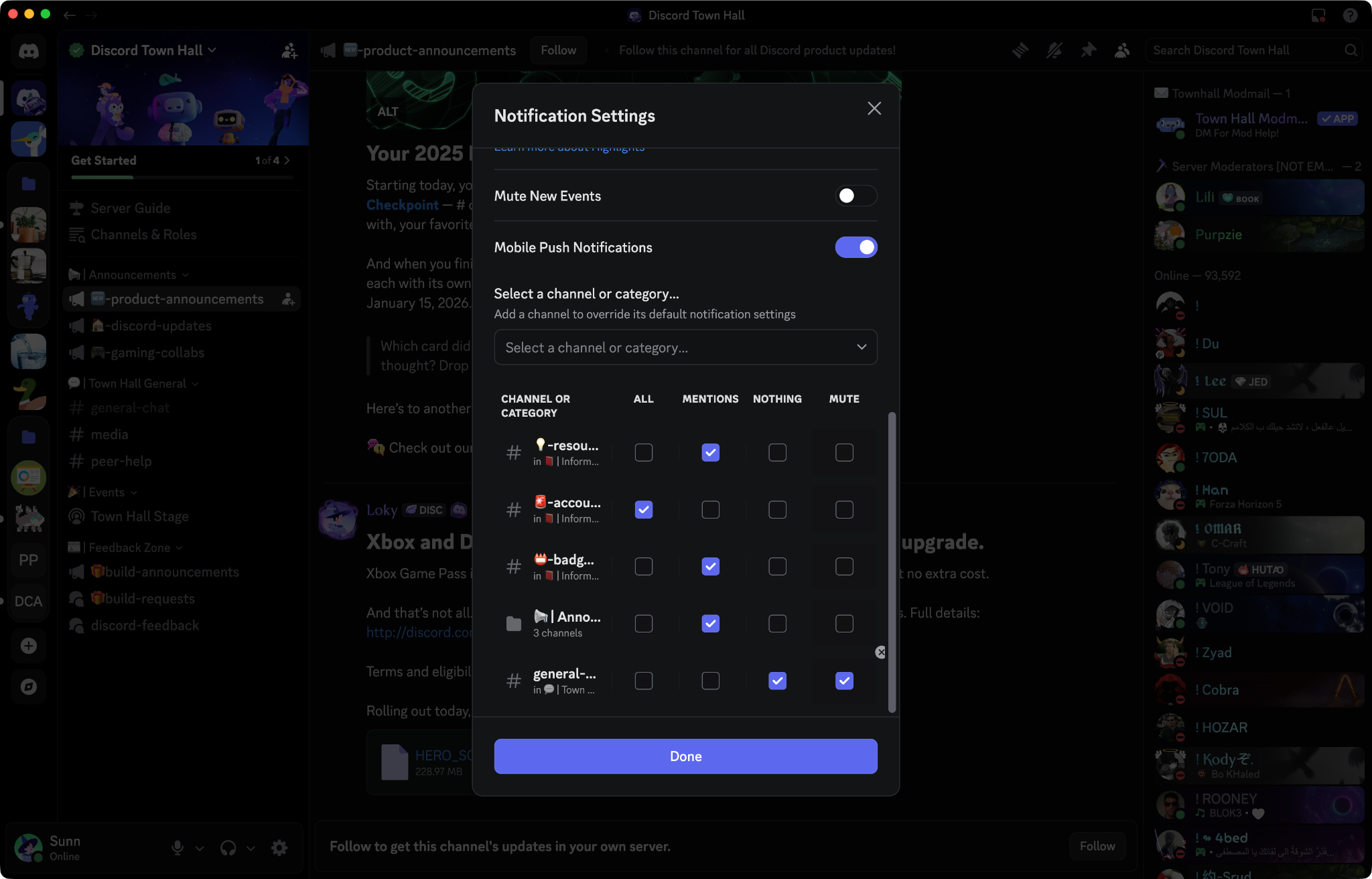 The Notification Settings menu for a Discord server, showing options for All Messages, Only @mentions, Nothing, and the Mute Server toggle.