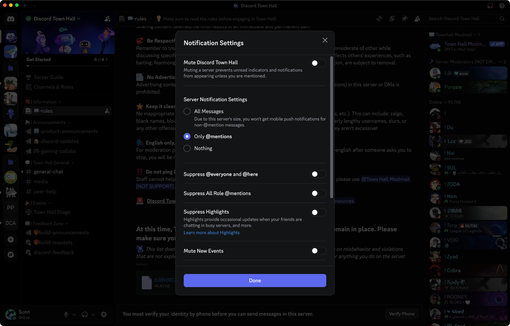 The Notification Settings menu for a Discord server, showing options for All Messages, Only @mentions, Nothing, and the Mute Server toggle.