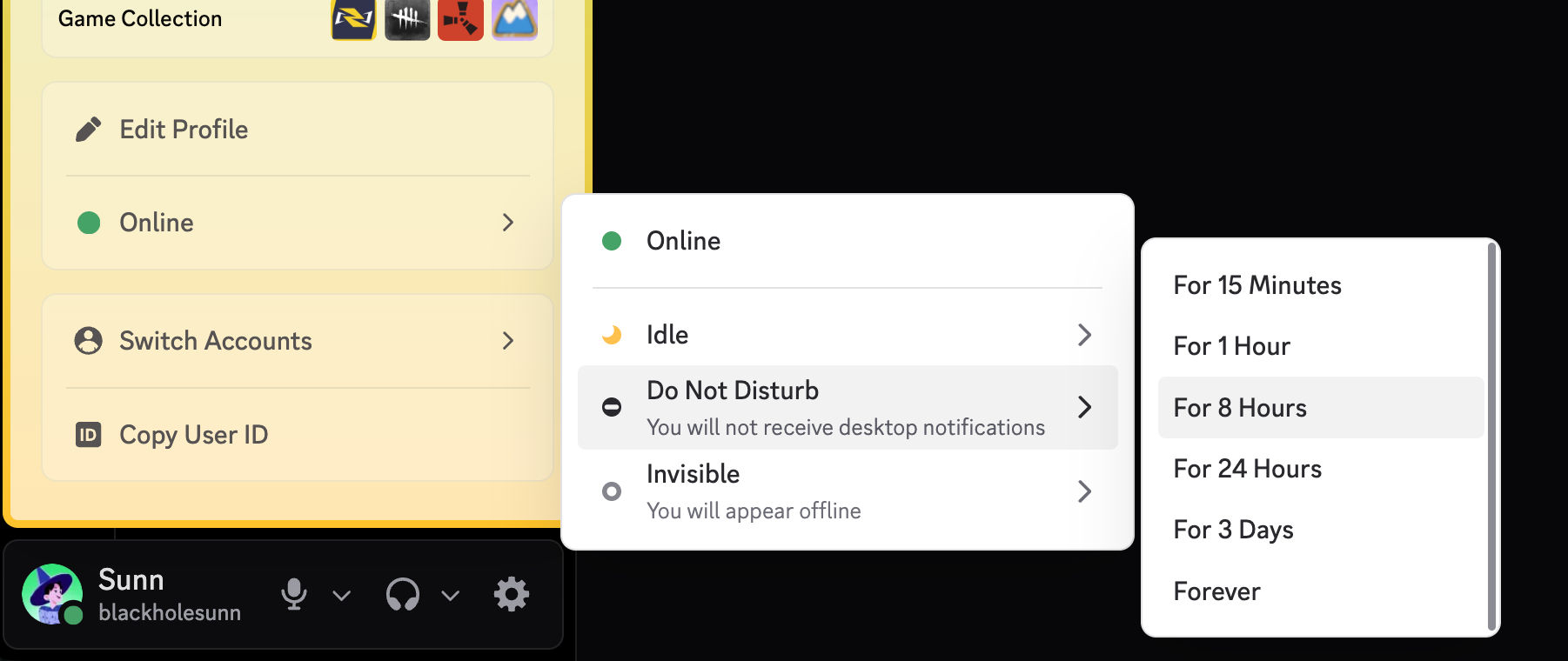 The Discord status menu opens with the Do Not Disturb option highlighted, along with the duration timer options displayed.