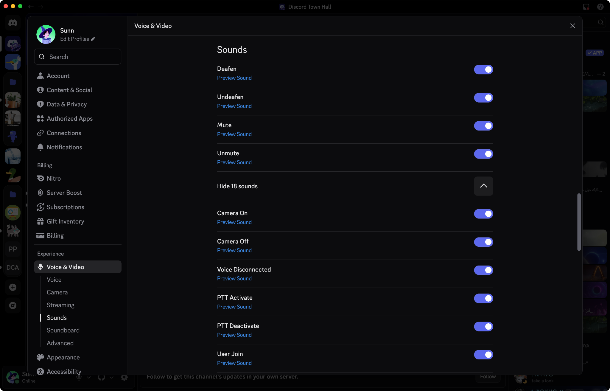 The Sounds section of Discord's Notifications settings, displaying toggles for each individual notification sound.
