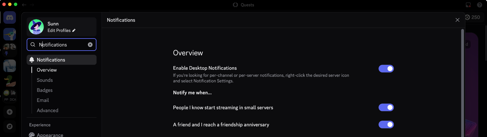 The Sounds section of Discord's Notifications settings, displaying toggles for each individual notification sound.