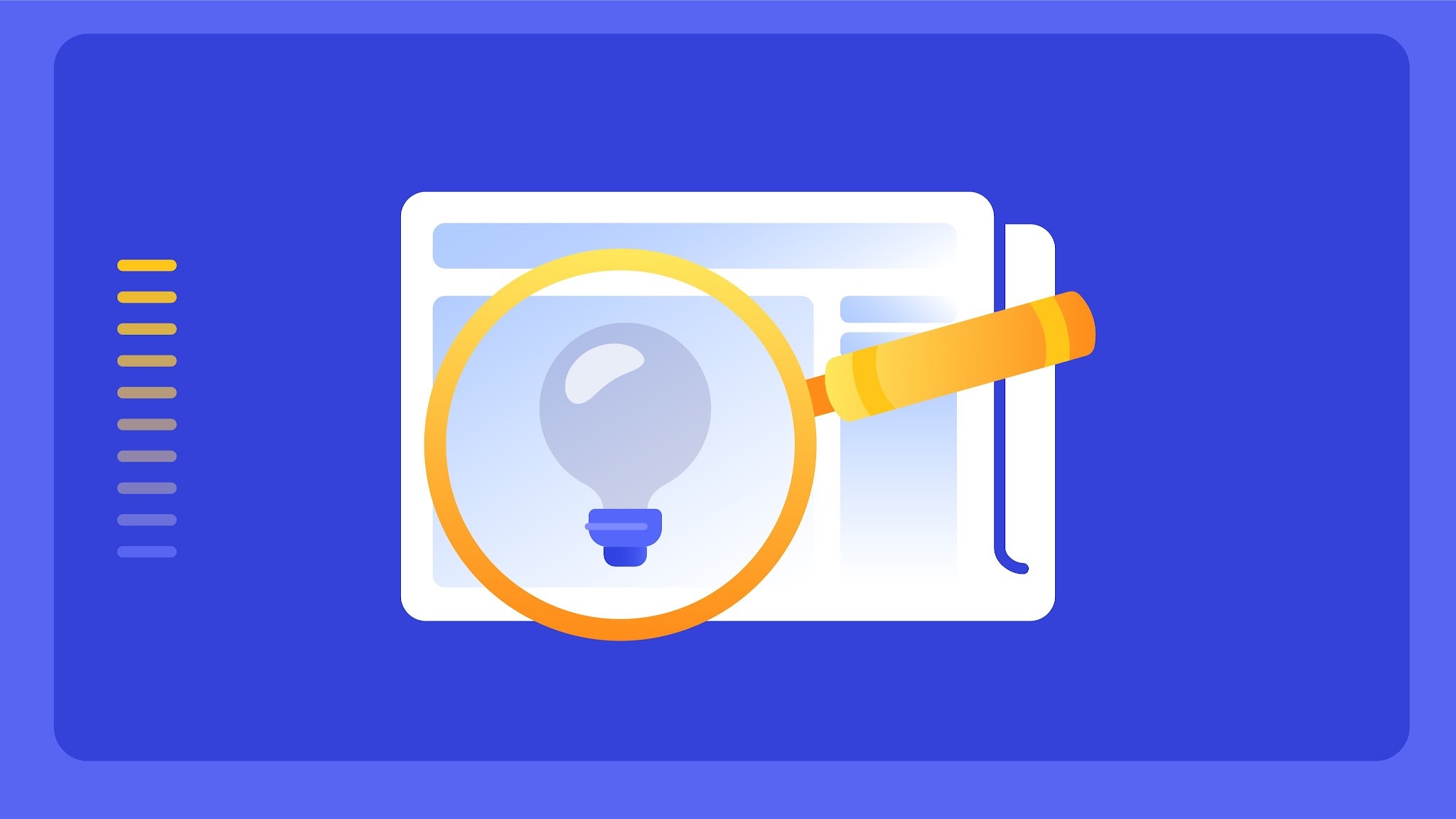 A magnifying glass focuses on a lightbulb. The lightbulb is out. Behind the lightbulb is a piece of paper. The background is a pleasant blurple.