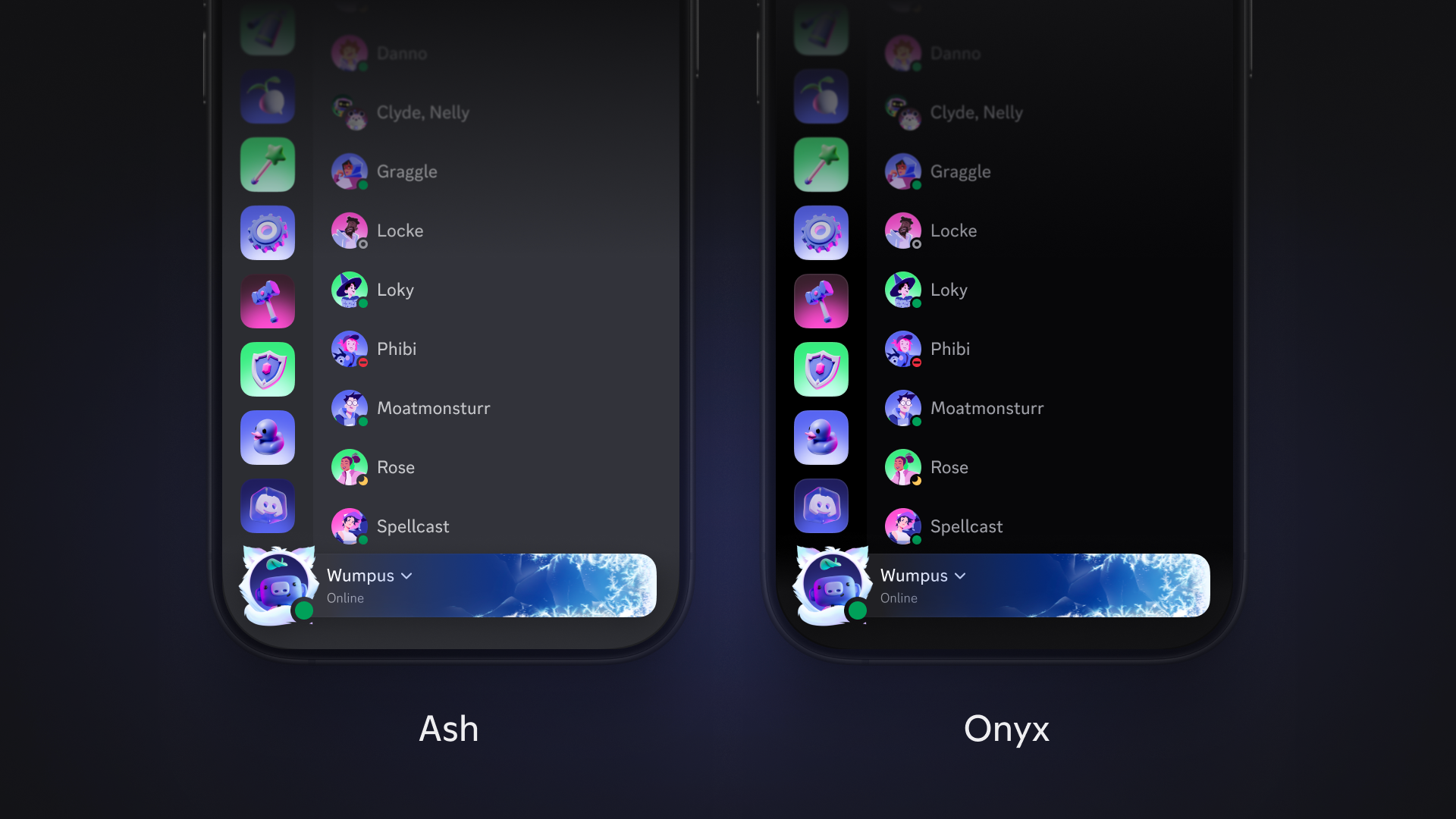 A side by side comparison of the Ash and Onyx Discord themes.