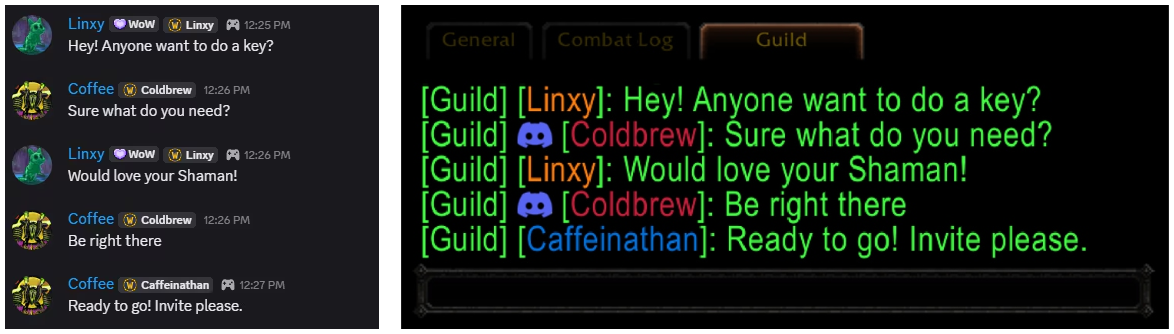 Two screenshots of in-game guild chat in World of Warcraft and a Discord channel chat, showing messages sent from players between Discord and the in-game chat.