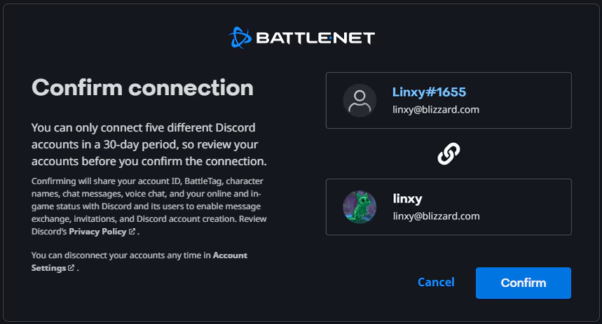Screenshot of confirmation screen that shows a player confirming their connection between their Discord and Battle.net accounts.