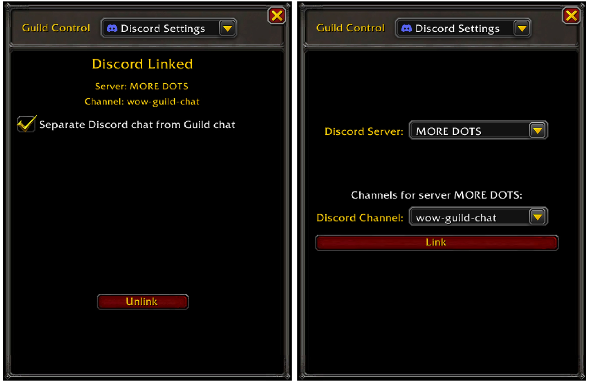 Two screenshots of the Guild Control menu inside World of Warcraft, showing the Discord Settings option.
