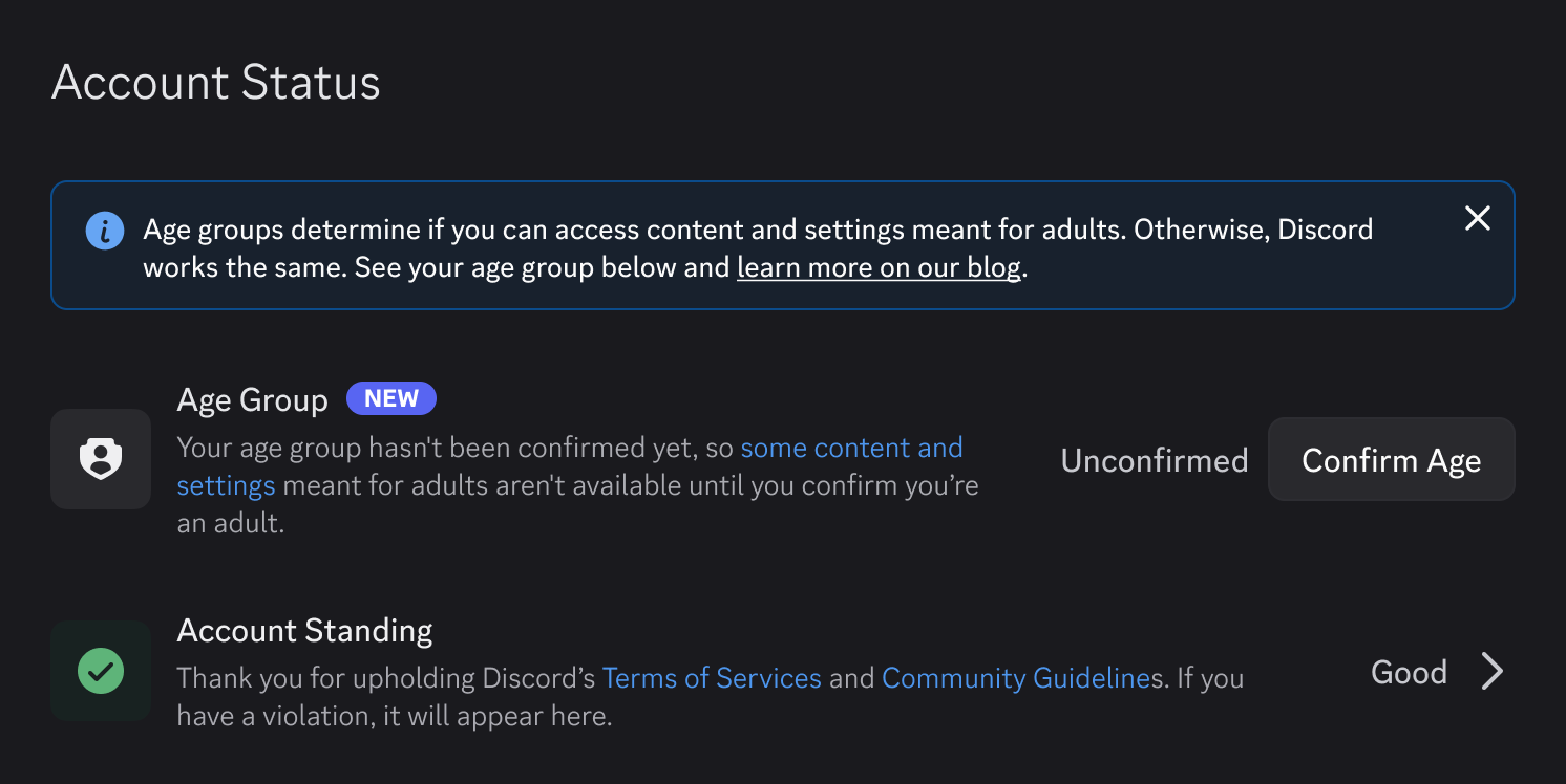 Account status settings page with new age group section.