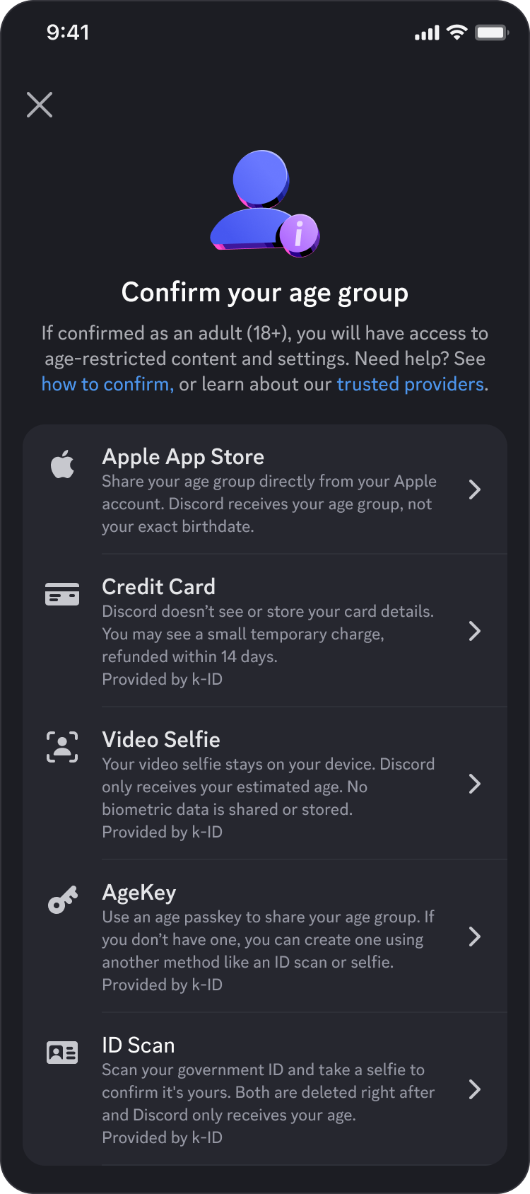 "Confirm your age group" mobile screen with various age assurance options. 