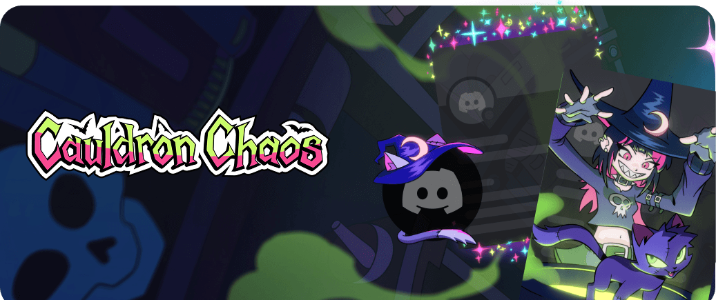 Illustration of Lottie the witch, with her cat, Hex. The Shop collection name, Cauldron Chaos, sits to their left.