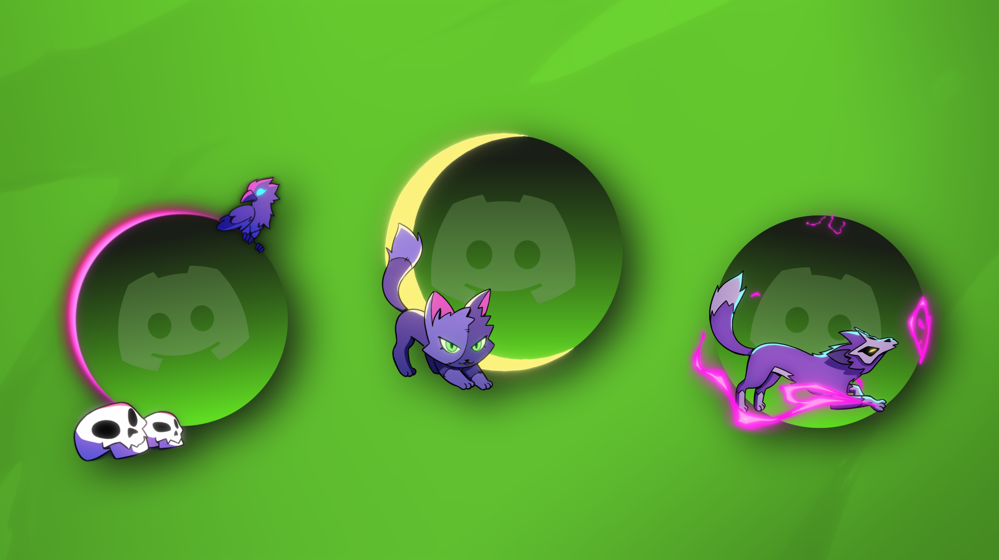 Illustration of three avatar decorations: Croseph, the crow, Hex, the cat, and Umbra, the fox.