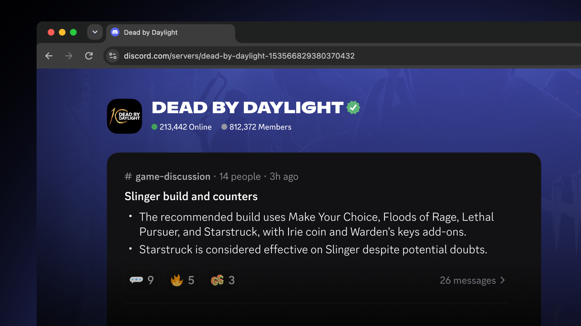 A close-up of what a Conversation Summary would look like on Dead by Daylight’s Server Web Page, showing a few key takeaways and emoji reactions used in the conversation.