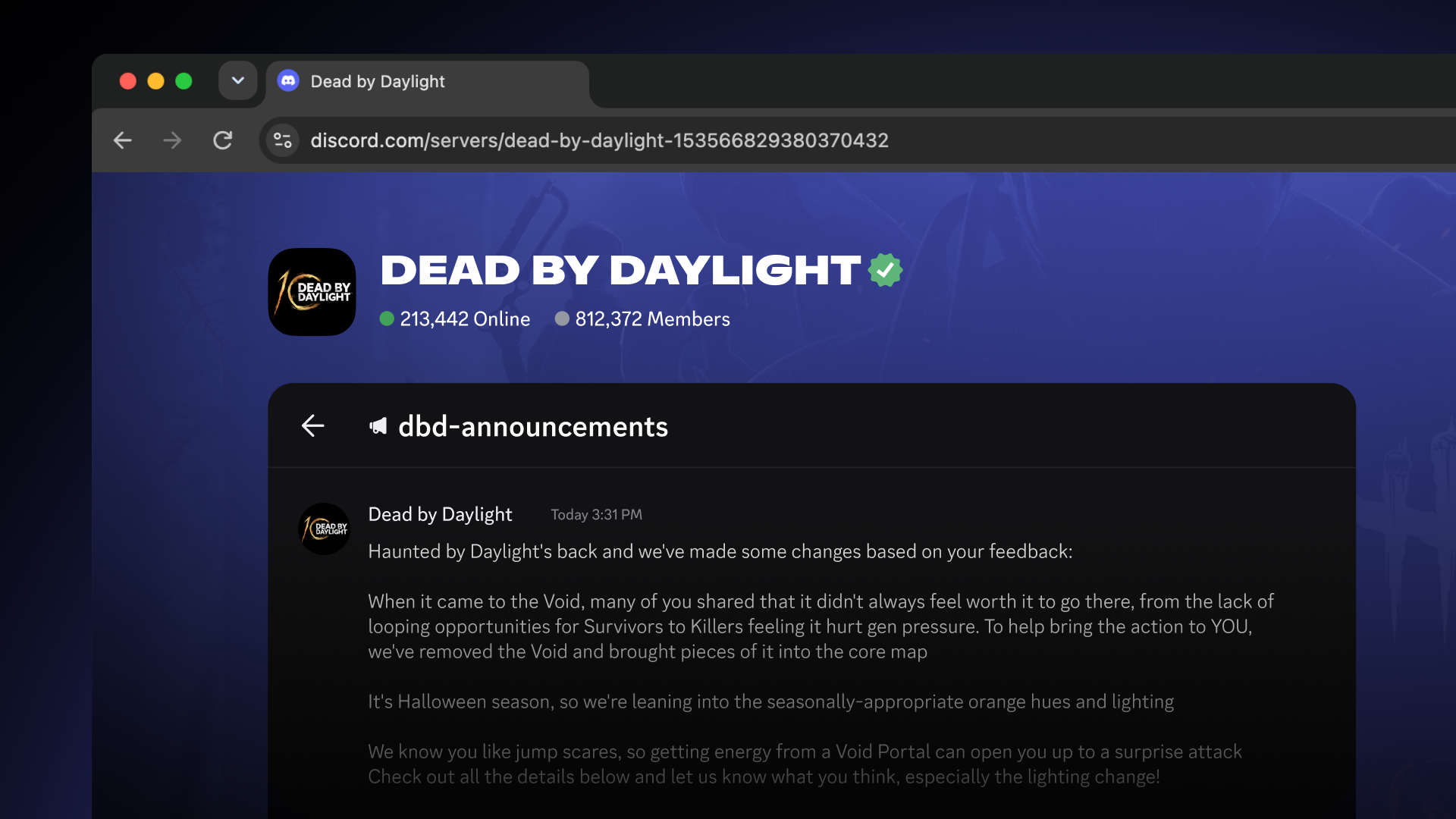 A Server Announcement displayed on the Server Web Page for Dead by Daylight.
