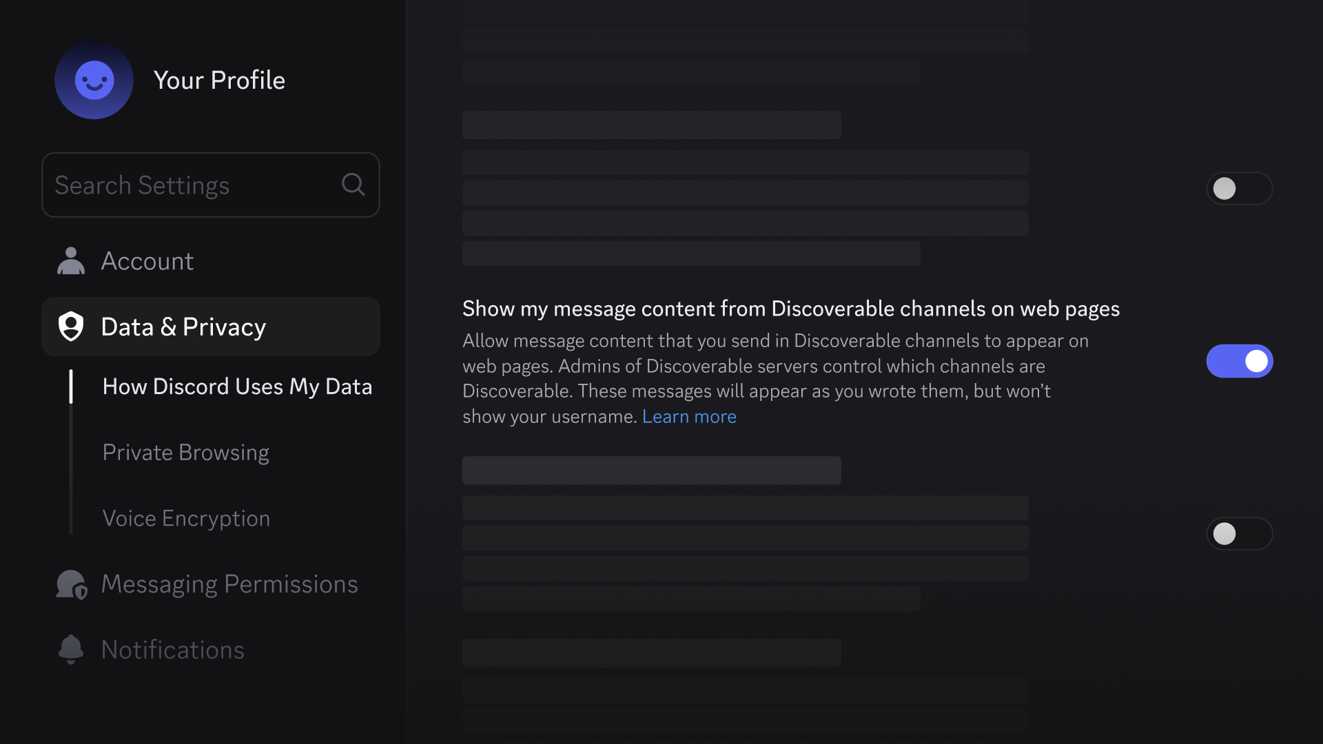 The new option to “Show my message content from Discoverable channels on web pages,” located in User Settings > Data and Privacy.
