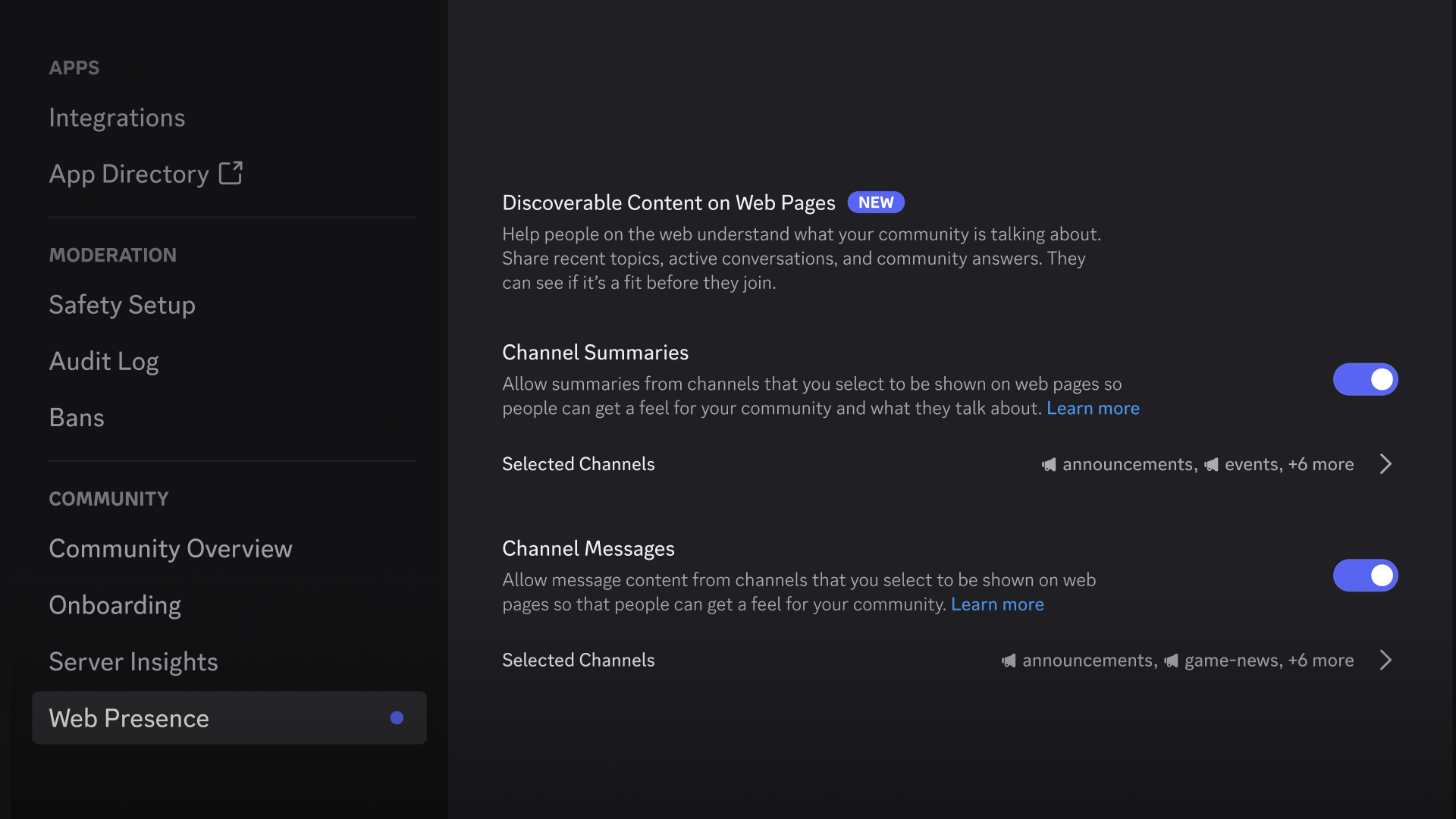 The new options for Server Admins to customize their Server Web Page, located in Server Settings > Web Presence.