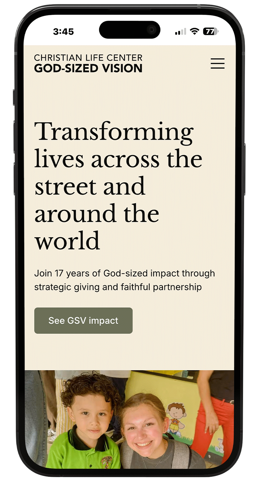 God-Sized Vision Fund microsite mobile view as displayed on an iPhone showing responsive design and intuitive navigation