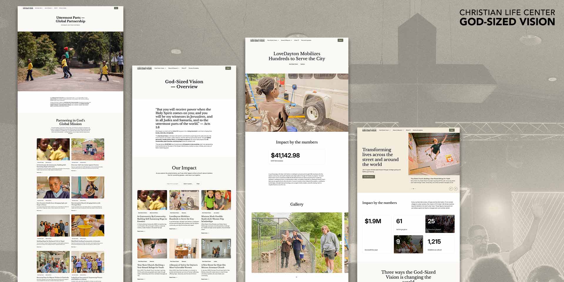 Full-page mockup of the God-Sized Vision Fund website showcasing a modern layout with engaging visuals and clear user pathways