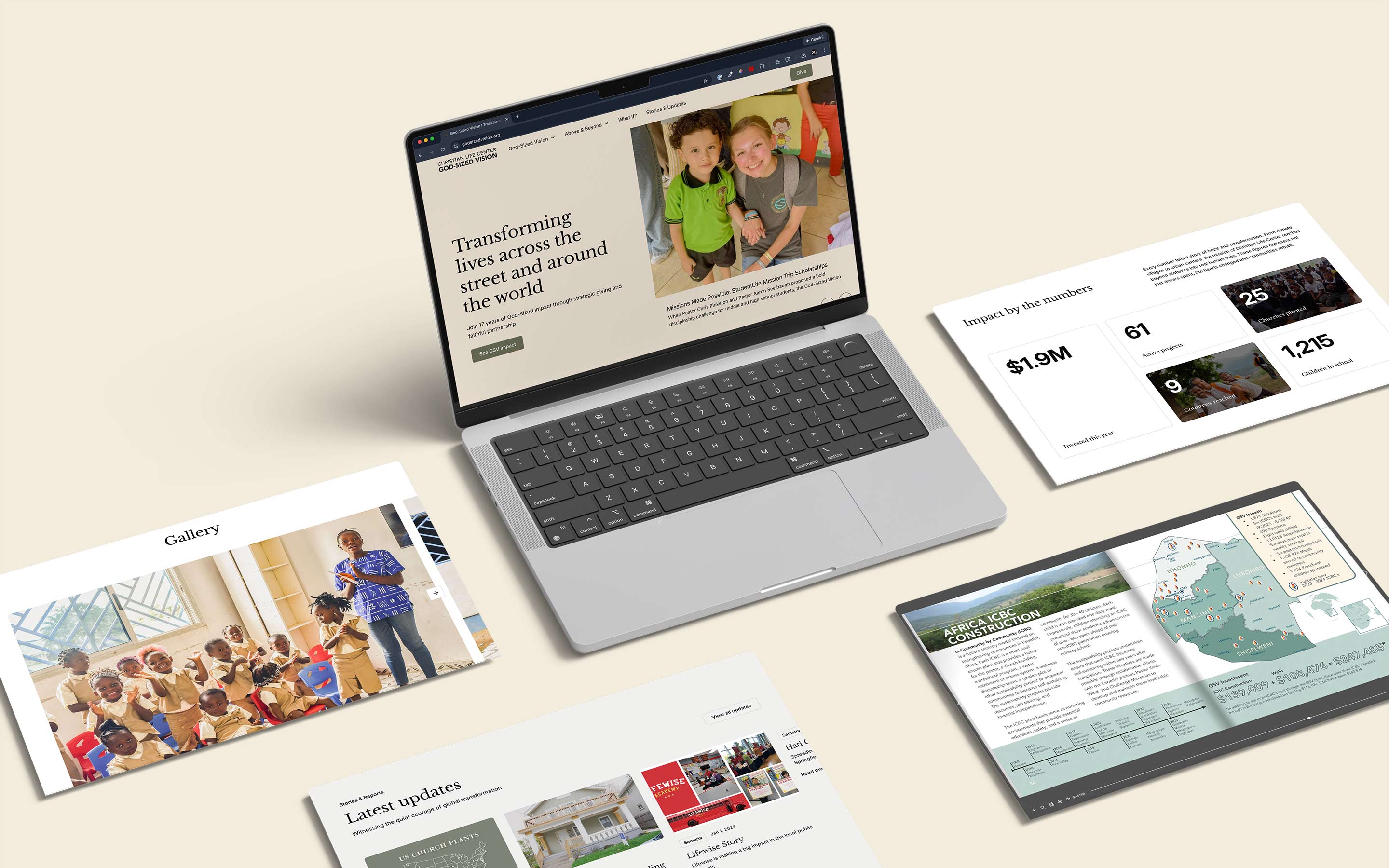 God-Sized Vision Fund website redesign featuring a collage of desktop layouts that highlight modern, user-friendly pages and updated branding