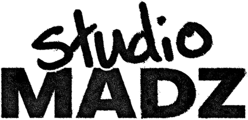 A logo for studio madz in black handwritten font