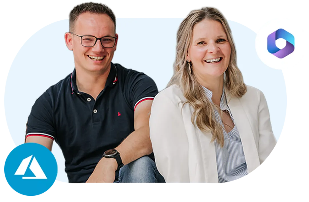 Smiling man in glasses and black polo shirt sitting next to a smiling woman in white blazer and striped shirt with blue tech logos in the background.