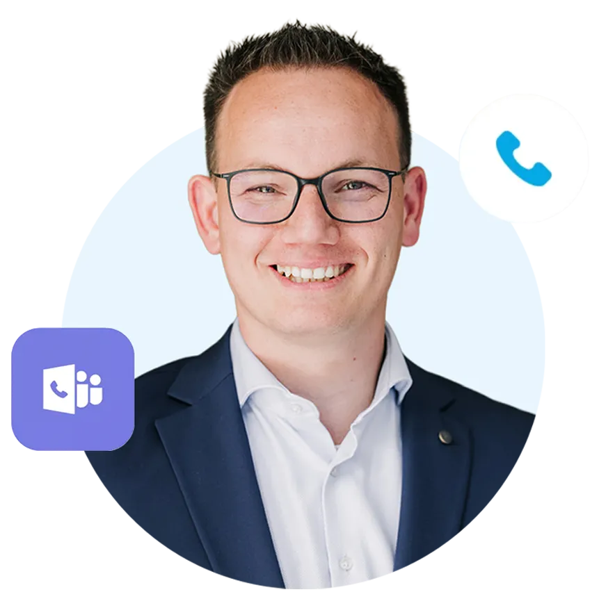 Smiling man with glasses wearing a navy blazer and white shirt, with communication app icons around him.