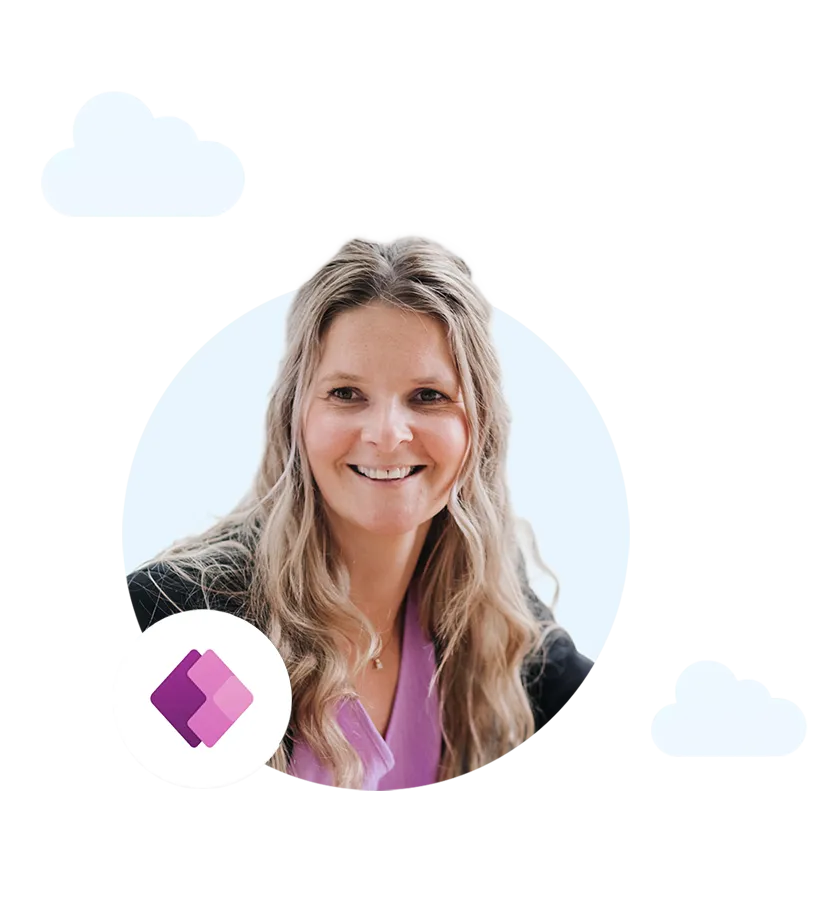 Smiling woman with long blonde hair wearing a purple top and black blazer, with a purple and pink Power Platform logo in the corner.