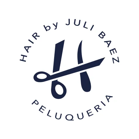 Logo with scissors and text Hair by Juli Baez Peluqueria in a circular design.