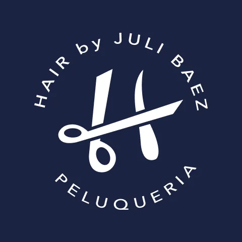 Logo with scissors and comb forming an H, text reads Hair by Juli Baez Peluqueria.