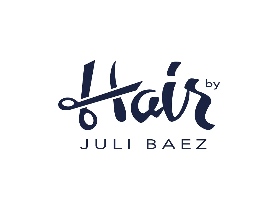 Logo with the word Hair in script font featuring a scissor forming part of the H, with by Juli Baez below.