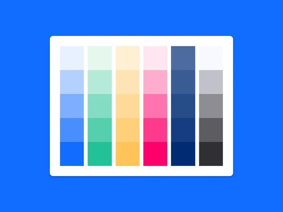 Color palette with six vertical gradient columns in blue, green, yellow, pink, navy, and gray on blue background.