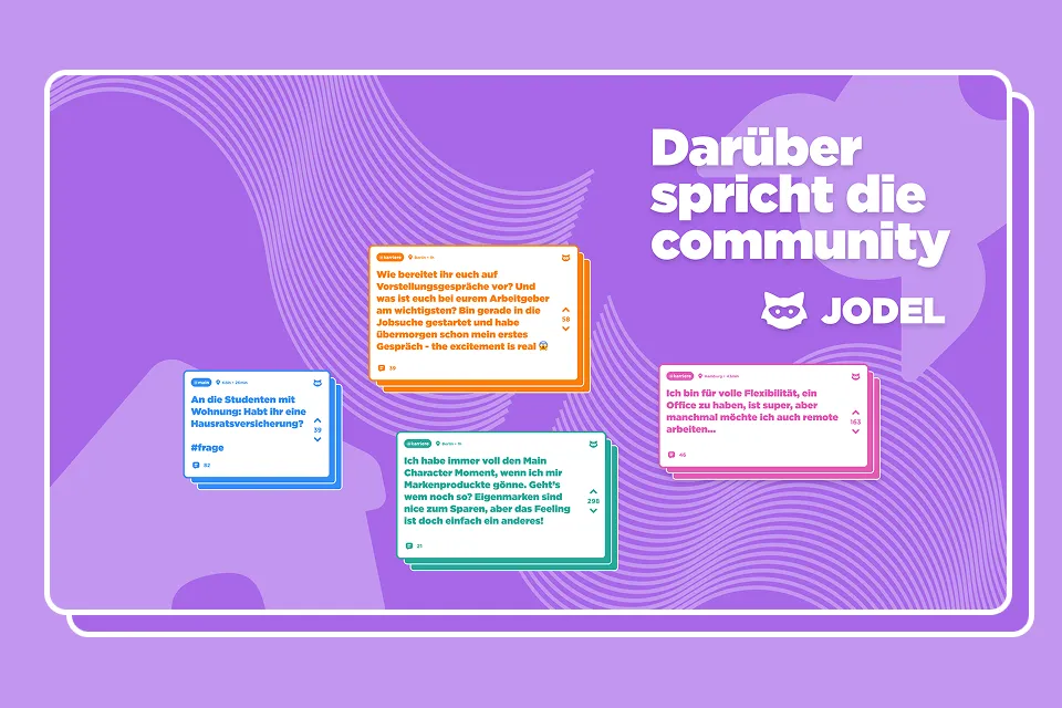 Purple graphic showing four colorful community posts and Jodel logo with text 'Darüber spricht die community'.