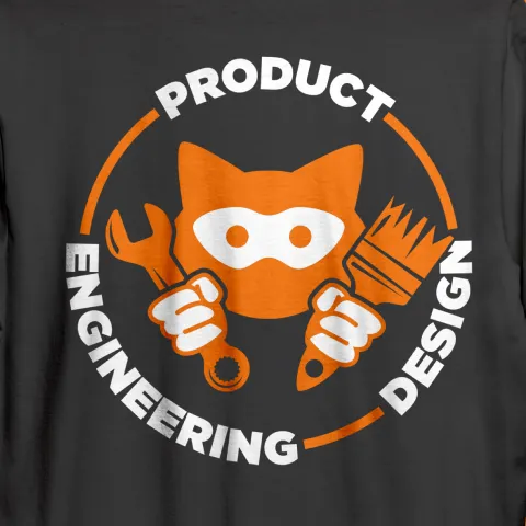 Orange cat face holding wrench and paintbrush with text Product Engineering Design in circle.