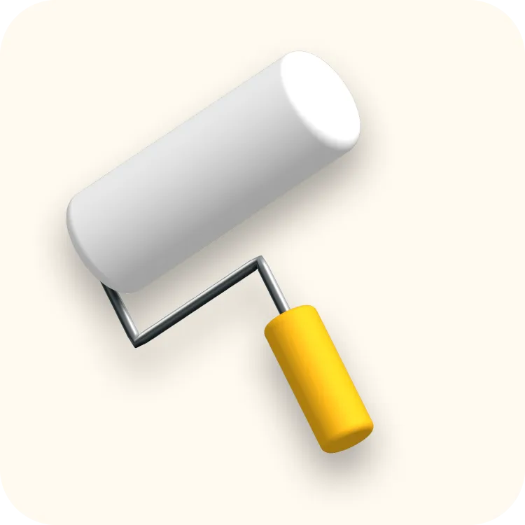 White paint roller with a yellow handle on a light background.