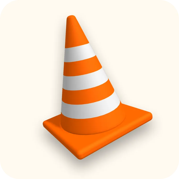 Orange traffic cone with three white reflective stripes on a light background.