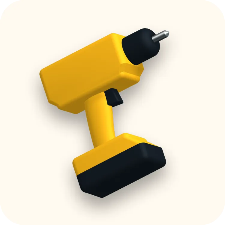 Illustration of a yellow cordless drill next to a cut line with scissors icon on beige background.