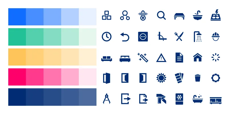 Five horizontal color gradients and 30 blue architectural and design icons on white background.