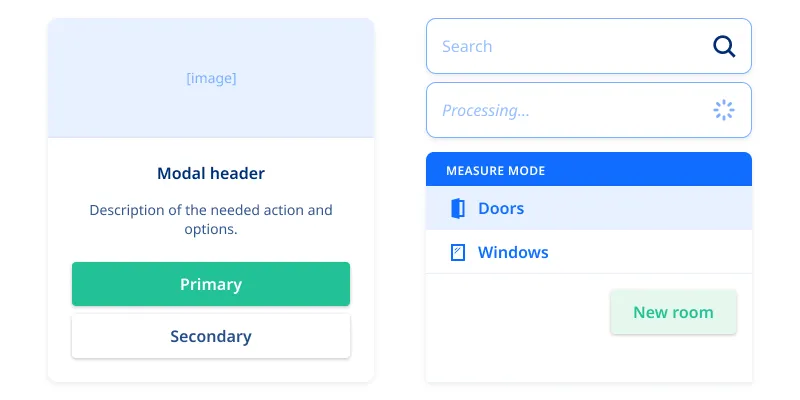 User interface with modal showing header, description, and primary and secondary buttons plus measurement mode options.